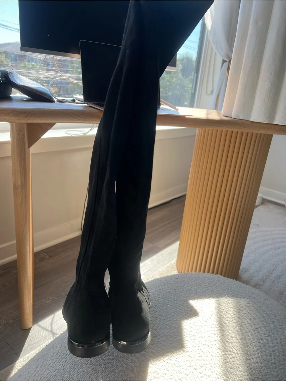 Marc Fisher Black Over-the-Knee Stretch Boots with Metallic Heel Accent